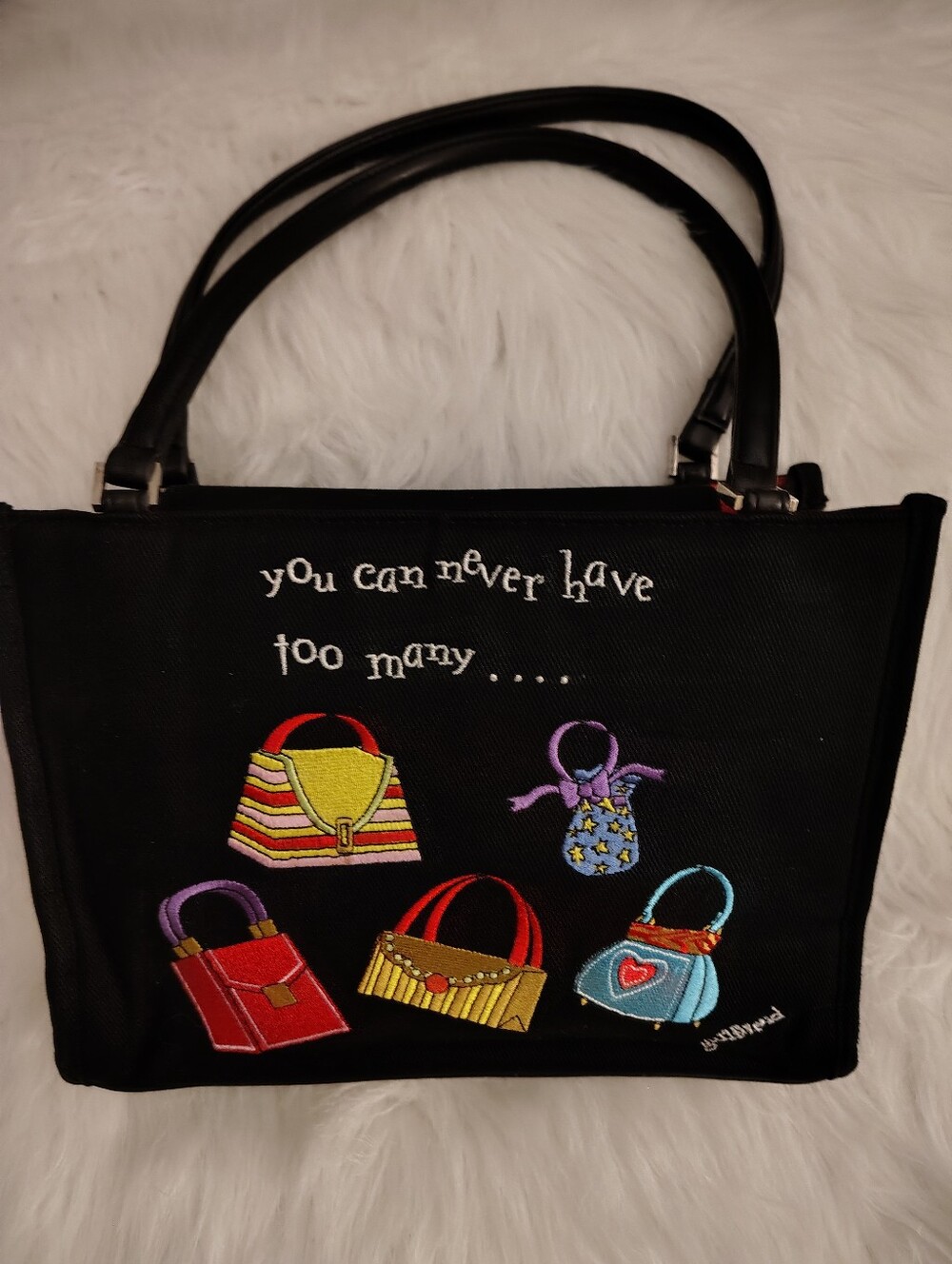 Black Canvas Bag with Embroidered Handbags  On Front.